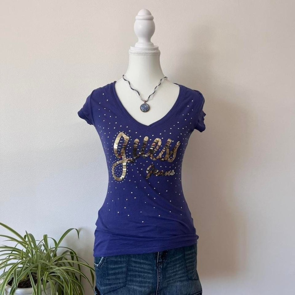 Y2k Guess Spellout V Neck T shirt Womens Sz xs Purple Gold Sequin mcbling